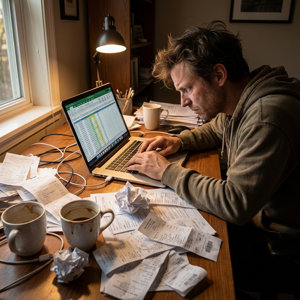 Messy desk with receipts